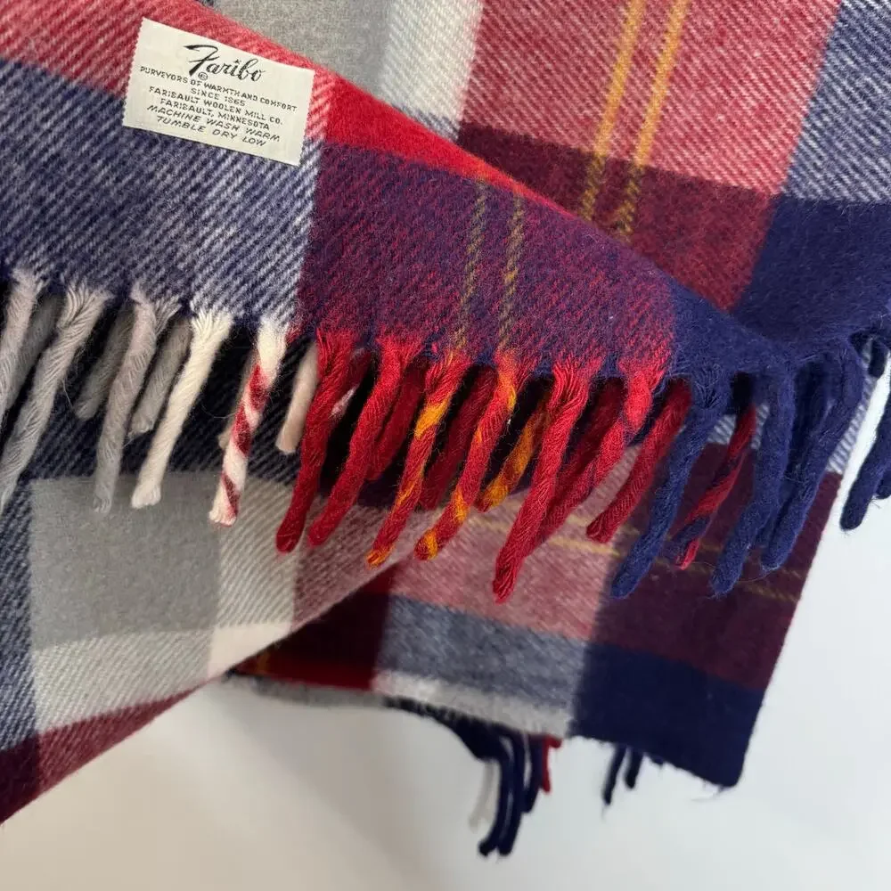 Vintage Faribo Faribault Woolen Mill Company Plaid Red Blue Wool Throw Blanket